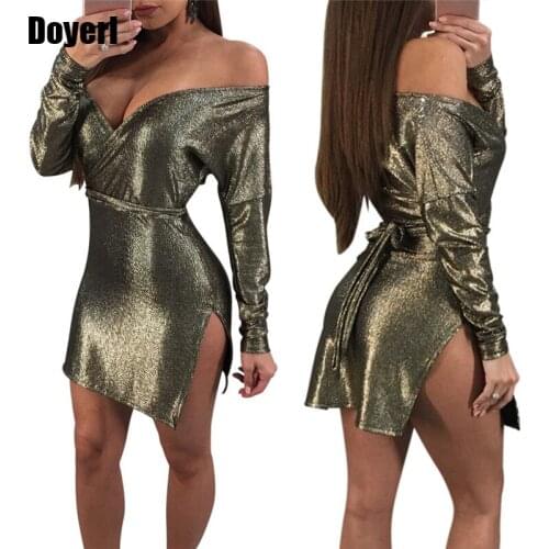 2020 Long Sleeve Glitter Dress Women Winter Dress Sexy Side Split Sparkly Bodycon Mini Club Dresses Short Party Dresses Sashes