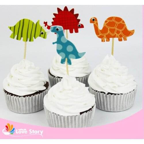 24Pcs/pack Cupcake Toppers Picks Dinasour Design Anniversary Favors Birthday Party Decoration