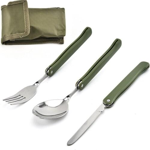 3PCS Portable Cutlery Set Outdoor Camping Picnic Stainless Steel Spoon Fork Knife Folding Tableware Set