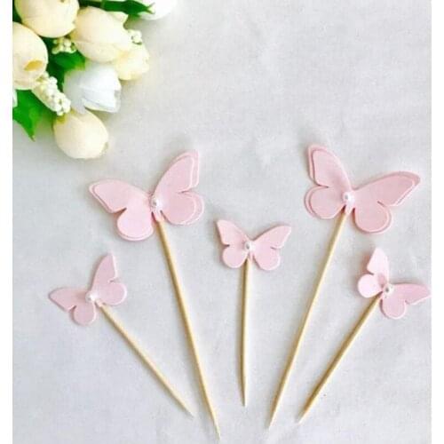 5Pcs/Lot Pink Butterfly with Pearl Cake Topper Weddding Cake Decorations Cupcake Topper For Dessert Table Decor Party Supplies