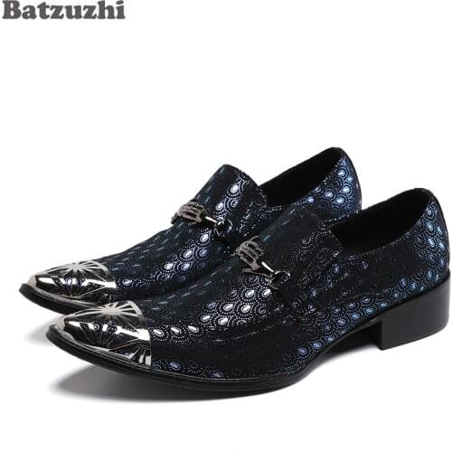 Batzuzhi Western Fashion Pointed Metal Toe Dress Shoes Men Blue Feathers Leather Party Wedding Leather Shoes for Men, EU38-46