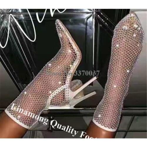 Linamong Bling Bling Rhinestone Stiletto Heel Mesh Sock Short Boots Glittering Crystal Net Slip-on Ankle Booties Wedding Shoes