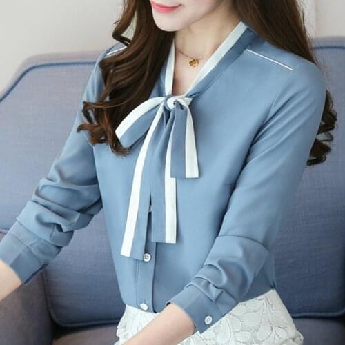 Blusas Mujer De Moda 2021 Blouse Women Bow V-neck Chiffon Blouse Shirt Long Sleeve Women Shirts Women Blouses Tops Blusa A986