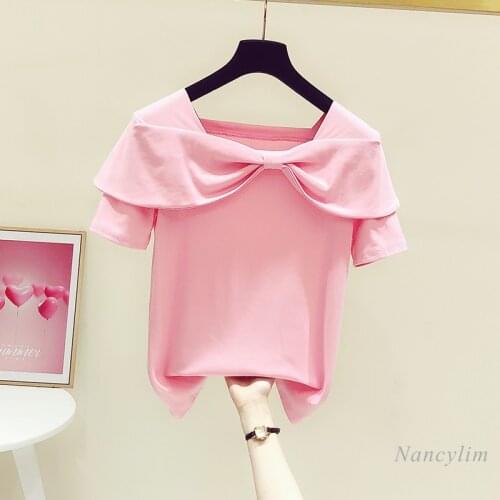 Slim Fit Cotton Tshirt Women 2021 Summer New Off-Shoulder Bow Short Sleeve Stretch Sweet T-shirts Fashion Tops White Black Pink