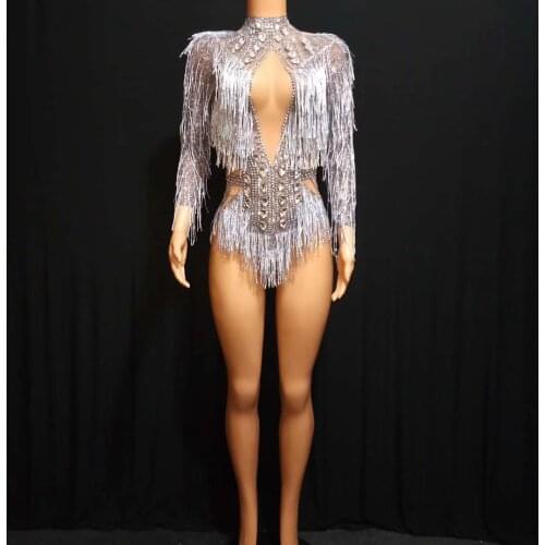 Silver Tassel Hollow Out Jumpsuits Deep-v Bodysuits Sexy Women Latin Dancer Costume Nightclub Singer Party Outfit