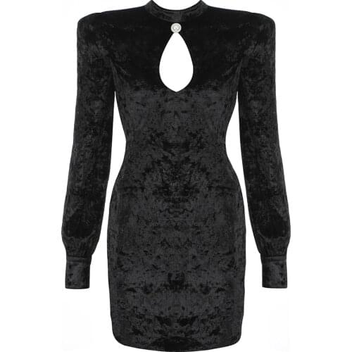 Nice Fashion Women Dress Black Long Sleeve Elegant Bodycon Dress Velvet Mini Dresses Clothing Party Club Celebrity