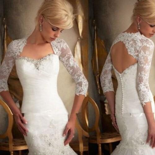 New Custom Size Wraps 3/4 Sleeve Backless White Ivory Lace Wedding Jacket Bolero Shrug Accessory Bridal Jackets