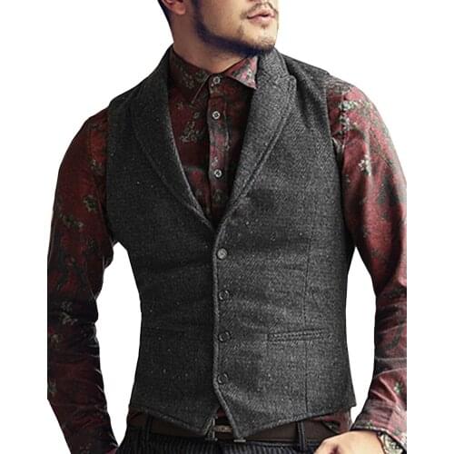 Mens Suit Vests Wool Herringbone Tailored Collar Casual Business Vest Slim Fit Gilet Waistcoat Groomman For Wedding 2021