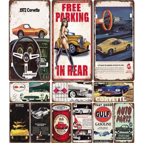 License Plate Vintage Metal Tin of Free Parking In Rear 1972 Corvette Ac Spark Plugs for Bar Garage Wall Metal Poster Decoration