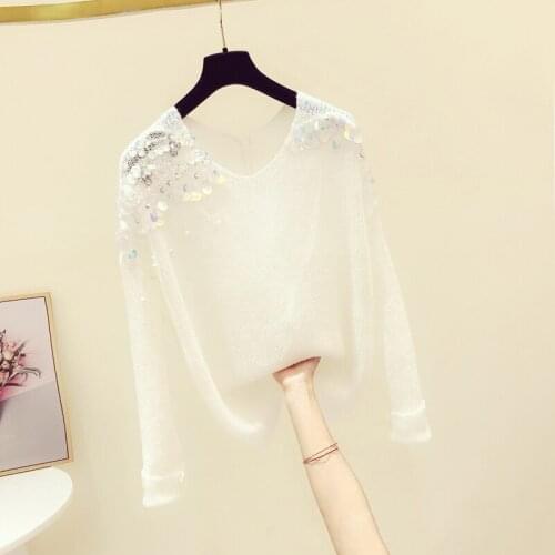 2020 Autumn New Loose Pullover Knit Shirt Heavy Industry Beaded Sequin V-neck Thin Sweaters Womens Knitwear Loose Lady Sweater