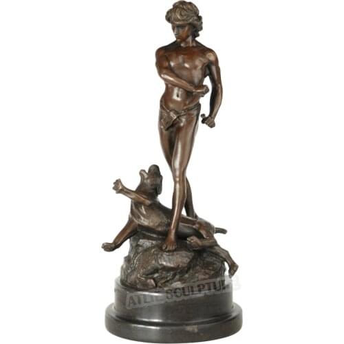 Huntsman Hunting Lion Bronze Sculpture Bare Male Hunter Statue Vintage Art Marble Base Upscale Home Office Table Decor