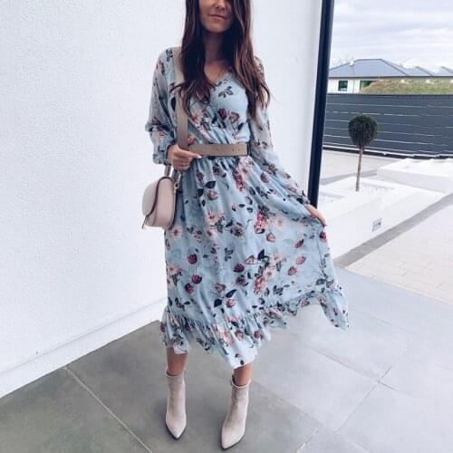 Casual floral printed wrap dress wikkeljurk 2020 Women sexy v neck long sleeve hem ruffle chiffon midi dress robe portefeuille