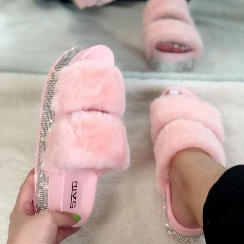 Fashion Women Sandals Platform Ladies Fur Furry Slides New Rhinestone Plush Winter Outside Wear Color Thick-soled Female Shoes