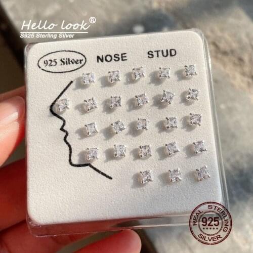 Hellolook 24Pcs Delicate 925 Sterling Silver 3Mm Cz Nose Studs Rings Inlaid Square Shape Zircon Nose Body Piercing Jewelry