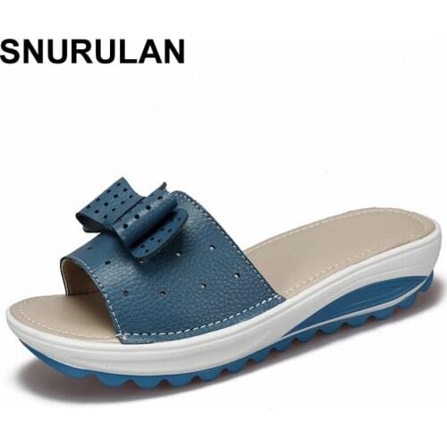 SNURULAN Womens Sandals Cow Leather Women Flats Shoes Platform Wedges Female Slides Beach Flip Flops Summer Shoe Lady 35-42