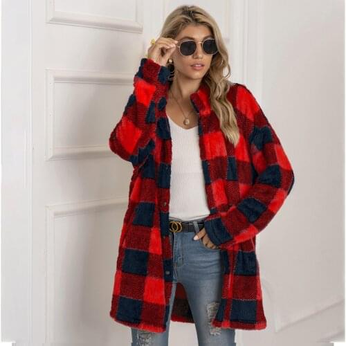 Casual Women’s Plaids Plush Jackets Long-sleeved Turn-down Collar Coats Fashion Color Contrast Plaid Mid-length Jacket for Lady