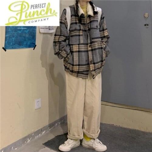 Women Winter Jacket Coat Vintage Clothes Plaid Fake Lamb Wool Jackets Womens Korean Long-sleeved Cotton Femme Veste LXR1107