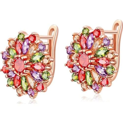 Hainon Flower Milticolor Cubic Zirconia Stud Earrings for Women Party Fashion Rose Gold Color Luxury Earrings Jewelry 2019 Gifts