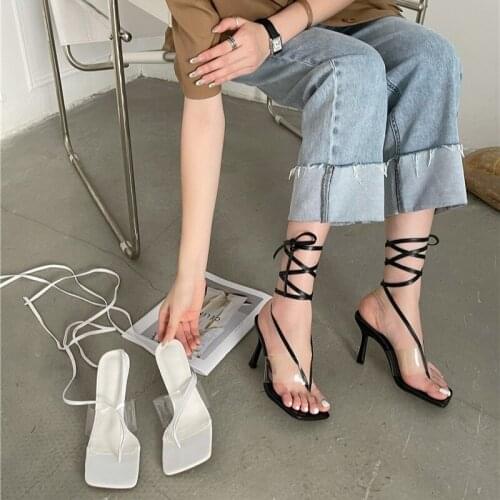 2021 Summer New Fashion Stiletto High Heels Womens Square Open Toe Ankle Strap Slippers T-tied Shoes Women Flip Flops Sandals