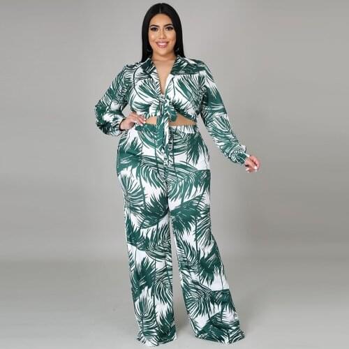 XL-4XL Leaves Print Plus Size Two Piece Pant Suit Women Turn Down Collar Long Sleeve Crop Blouse and Wide Leg Trouser Beachwear
