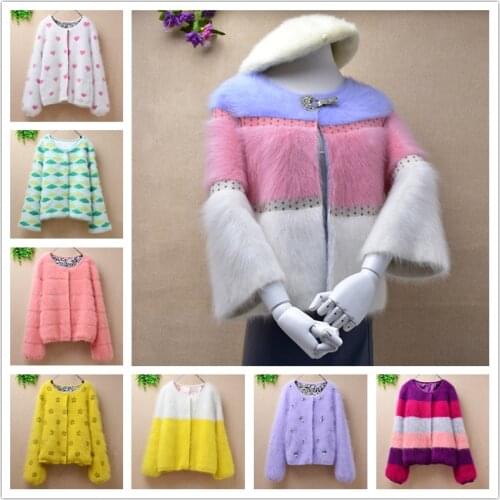 Ladies women short style mink cashmere slim long lantern sleeves cardigans angora fur knitted jacket coat sweater jumper winter