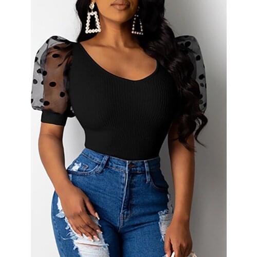 Womens Short Sleeve Top Mesh Polka Dot Puff Sleeve Blouse Ladies' Casual Sexy Slim Fit Tops y2k grunge trendy clothes for women