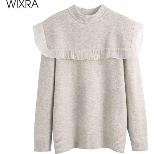 Wixra Mesh Patchwork Sweater Autumn Winter Solid Long Sleeve Ladies Knitted Womens Jumpers And Pullovers