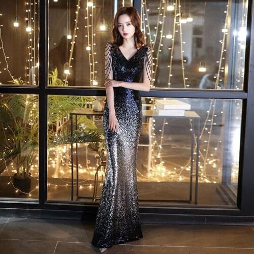 Women Elegant V-neck Long Mermaid Formal Evening Dress Sexy Short Sleeve Exquisite Sequins Bling Prom Party Gowns