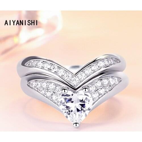 AIYANISHI 925 Sterling Silver Wedding Ring Set Heart Finger Ring Set for Women Silver Engagement V Shape Band Rings Jewelry