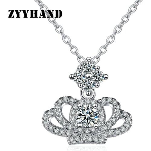 Platinum-Plated Women Crown Pendant Necklace Girl AAA Zircon Clean Stone Wedding Party Cross Chain Neck Jewelry