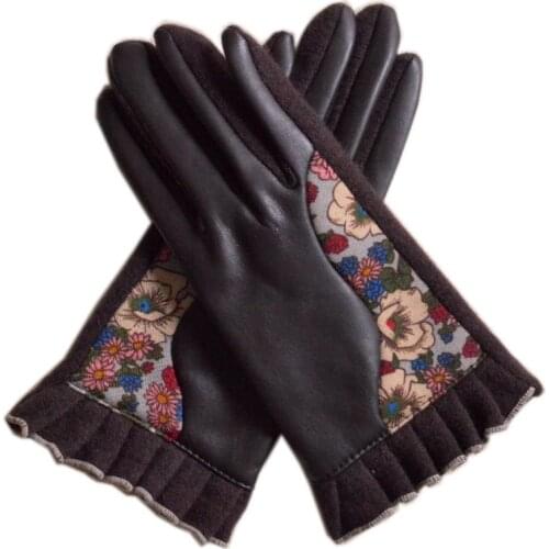 Winter Thicken Wool Women Mittens Golves Printed Fashion Pu And Wool Full Finger Gloves Sexy Coffee Knitting Ladies Gloves