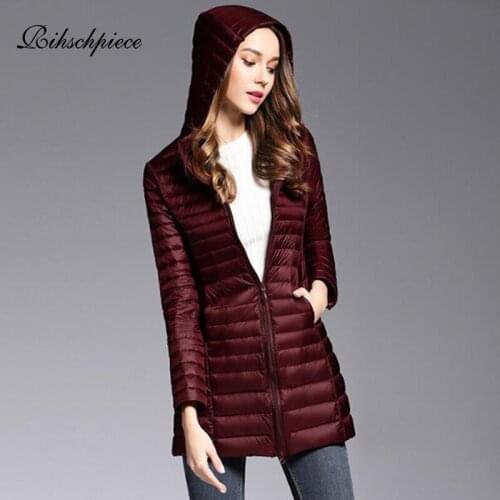 Rihschpiece Winter Plus Size 4XL Duck Down Jacket Women Ultra light Autumn Hoodie Long Coat Black Long Puffer Jackets RZF1514