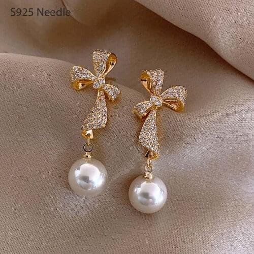 925 Sterling Silver Needle Dangle Drop Earrings for Women Jewelry Butterflyknot Pearls Korean Fashion Elegant Female Earrings