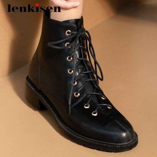 Lenkisen western boots genuine leather all-match fashion round toe thick med heel lace up beauty lady punk cozy ankle boots L18