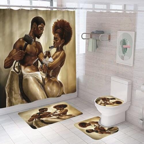 Black African American Women Print Shower Curtain Set Waterproof Bathroom Curtains Anti-slip Soft Bath Mat Toilet Rugs WC Carpet