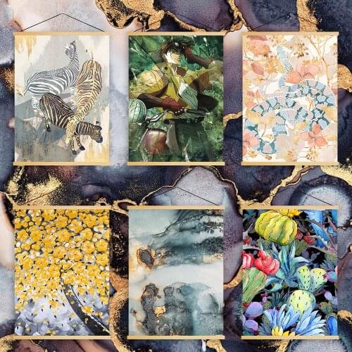 Pictures Nordic Scroll Modern Blue Tree Sky View Gifts Wall Art Canvas Poster Solid Wood Hanging Painting Print Home Decoration