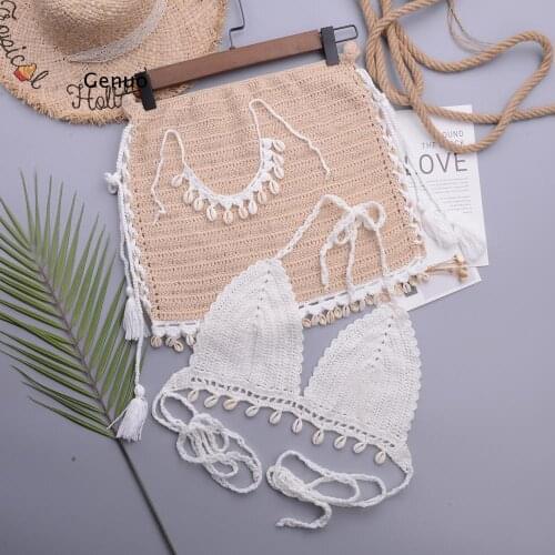 3pcs Bikini Set Woman Crochet Shell Tassel Bikini Top And Seashell Ankle Chain Sexy Beach Skirt Lace See Through Slim Mini Skirt