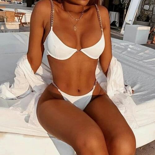 Fashion Women’s Chain Straps Bikini Set Swimsuit Sexy Split Style Deep V-neck Push-Up Ladies Brazilian Biquini Bathing Suit