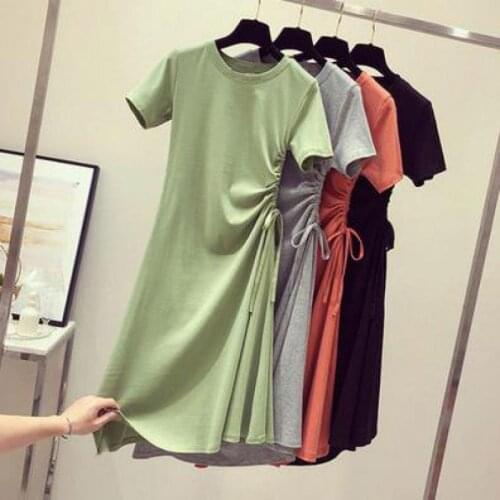 Summer New Slim Drawstring Korean Student Solid Dress Women Avocado Green Mini Dress women