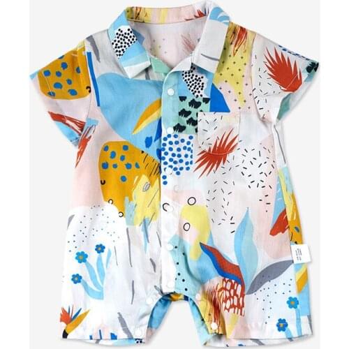 Summer Baby Bodysuit Comfortable Cartton Pattern Printed Cotton Short Sleeve Turn Down Collar Shirt Bodysuit Baby Boy Clothing