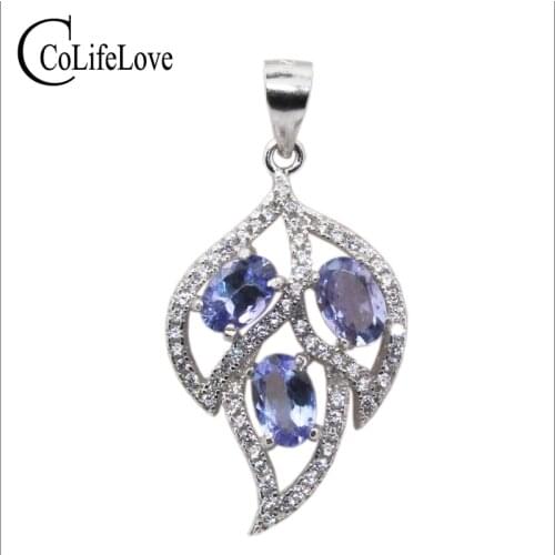 Fashion silver leaf pendant 3pcs 4*6mm natural tanzanite necklace pendant solid 925 sterling silver tanzanite pendant for lady