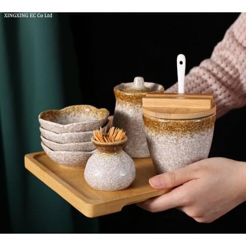 Japanese Restaurant Ceramic Seasoning Pot Set Toothpick Holder Vinegar Dish Vinegar Pot Wooden Tray Kitchen Cereal Dispenser