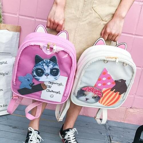 Women Ita Bag Bagpack Transparent Backpack Rugzak Lovely Cat Ear PU Leather Backpacks for Teenage Girls School Bags Mochila