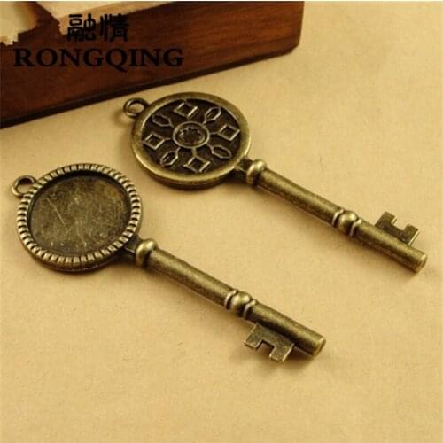 RONGQING 20pcs/lot Zinc Alloy Retro Pattern Round Key Cabochon Settings 20mm Cameo Base Jewelry Findings
