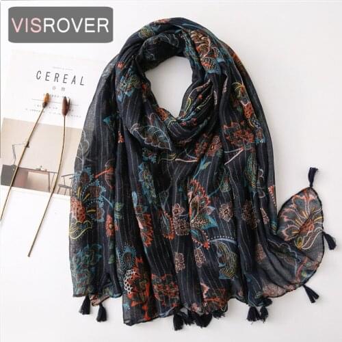 VISROVER 2020 New Black Flower Printing Viscose Autumn Scarf Women Fashion Winter Black Scarf Shawls Hijab Gift Wholesales