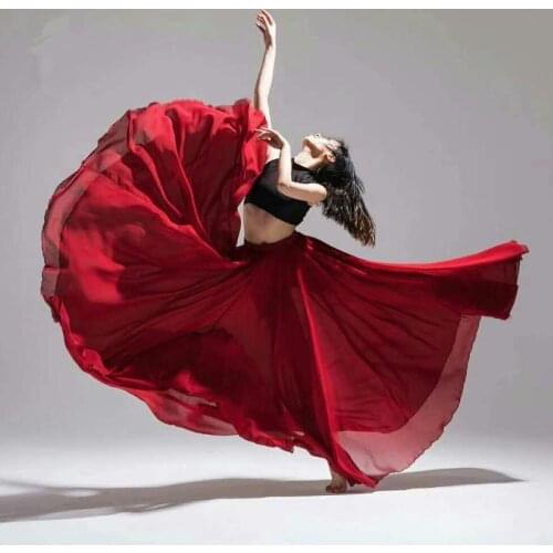 Spanish Flamenco Skirt Women Girls Dance Gypsy Chiffon Belly Two-layer Chiffon Big Wing Dress Bandage Performance 540 degree