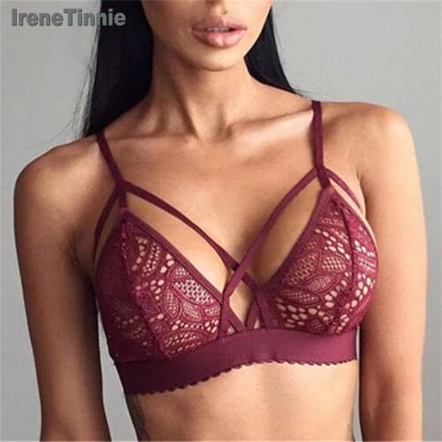 Women Sexy Plus Size Lingerie Cross Bandage Crop Tank Top Ladies Fashion Floral Sheer Lace Bra Seamless Bralette Bustier