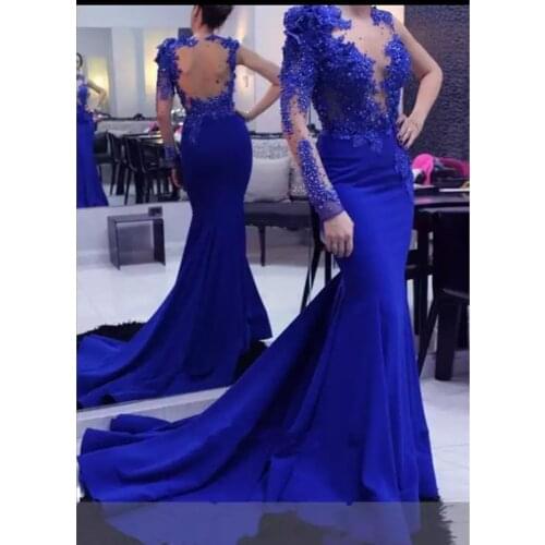Elegant Royal Blue Mermaid Evening Dresses 2021 With Full Sleeves 3D Flower Lace Beaded Long Prom Gowns Illusion Back Abiye