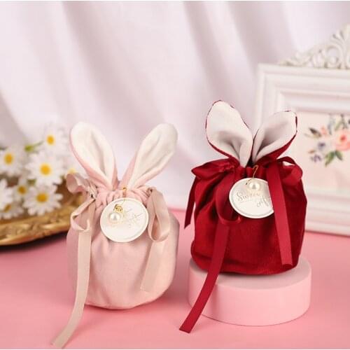 12Set Rabbit Ear Candy Cookies Gift Bags Velvet Snack Biscuit Baking Bag With Ribbon Wedding Birthday Party Favor Decoration