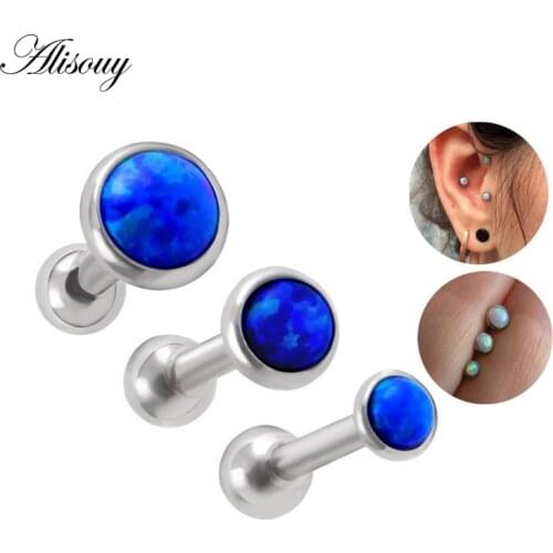 Alisouy 1pcs HQ 316L Stainless Steel 16g 3/4/5mm Beauty Opal Stone Fashion Tragus Stud earrings Men women Piercing screw back